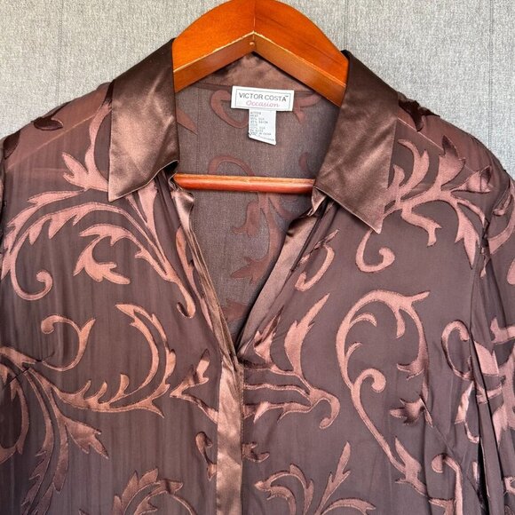 Victor Costa Occasion Brown Sheer Silk Satin Print Long Sleeve Tunic Top Size L - Picture 2 of 10